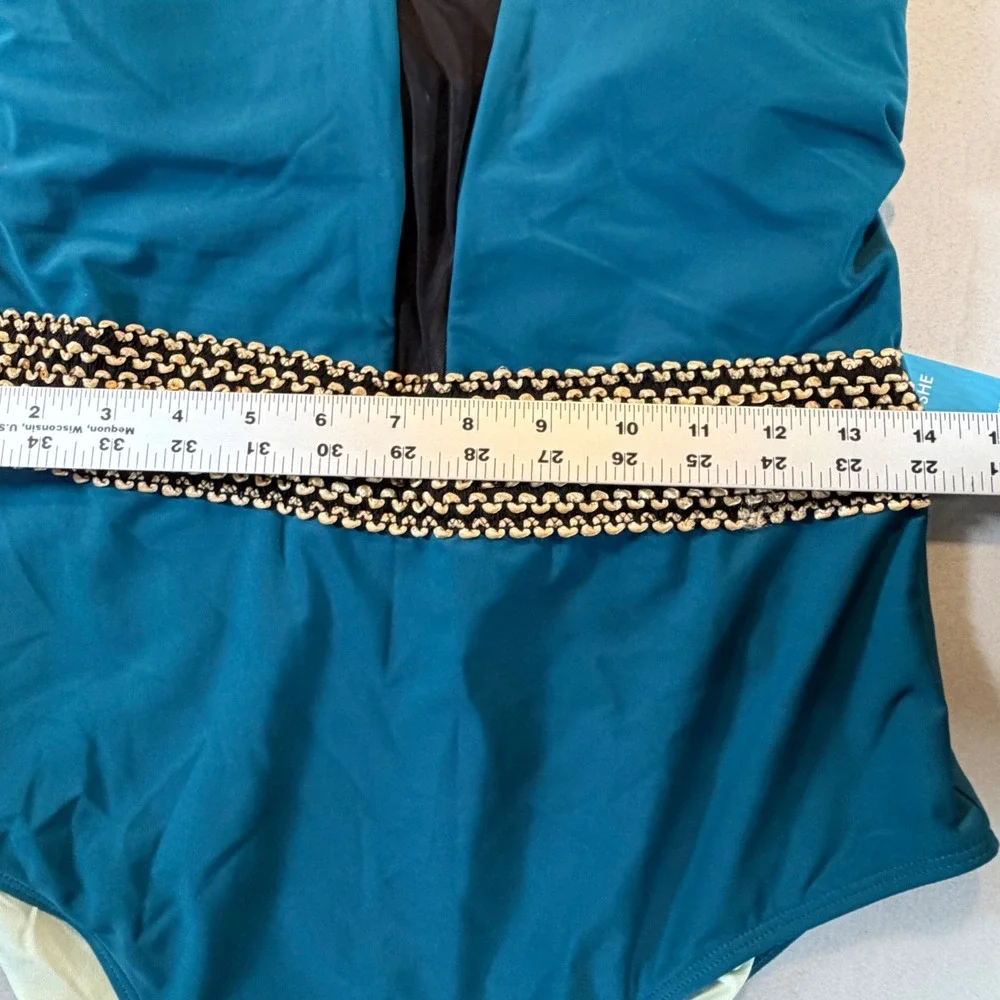 Cupshe Teal‎ Blue One Piece Swimsuit Mesh Plunge Gold Belt Tummy Contouring NEW